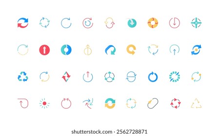 Round arrows to refresh and recycle, restart and reload, signs of loop shape color icon set. Arrows outwards and inwards from circle center, circulation and change flat elements vector illustration