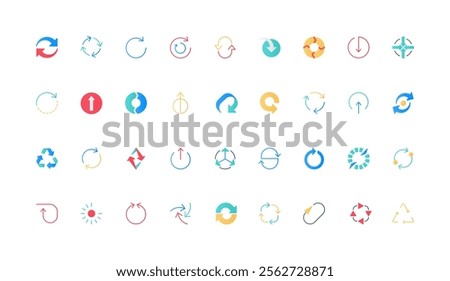 Round arrows to refresh and recycle, restart and reload, signs of loop shape color icon set. Arrows outwards and inwards from circle center, circulation and change flat elements vector illustration