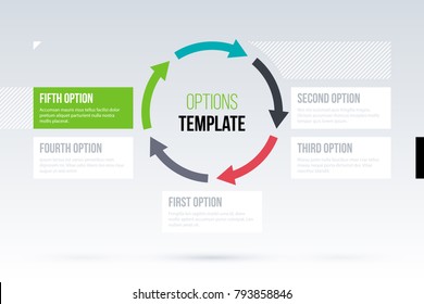 Round arrows template with five options on white background in elegant techno style.