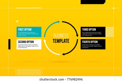 Round arrows template with four options on yellow background in elegant blueprint style.