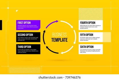 Round arrows template with six options on yellow background in elegant blueprint style.