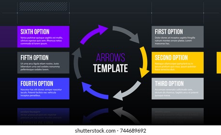 Round arrows template with six options on dark glossy background in elegant techno style.