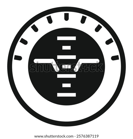 Round artificial horizon indicator showing level flight in aircraft cockpit, simple black and white icon 