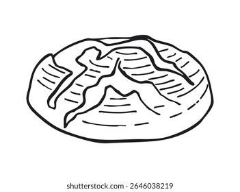 Round artisan sourdough bread with scored crust. Black and white outline illustration isolated on white background. Traditional homemade bakery