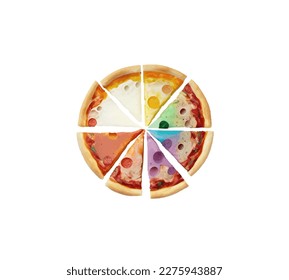 Round assorted pizza cut into triangular pieces with different toppings. Vector illustration of pizza with sausage slices, olives, onions, mushrooms, tomatoes, peppers and cheese