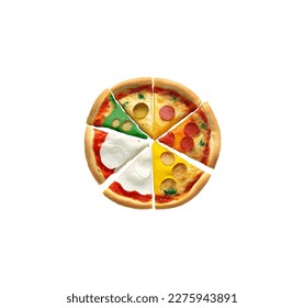 Pizzas redondeadas cortadas en trozos triangulares con diferentes ingredientes. Ilustración vectorial de la pizza con salchichas, aceitunas, cebollas, setas, tomates, pimientos y queso
