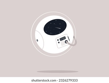 A round astronaut robot wearing a spacesuit floating in outer space, a futuristic life concept