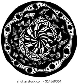 Round asymmetrical black and white mandala with dots and stripes, a screw and hand-painted. 