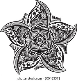 Round asymmetrical decorative element - lace mandala in zentangle style. Stylized vector flower for design or tattoo. 