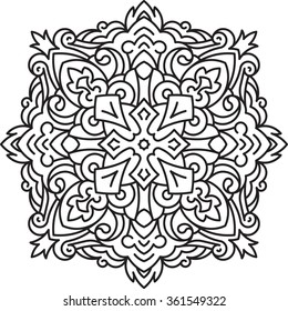 Round asymmetrical decorative element - lace mandala in zentangle style. Stylized vector flower for design or tattoo. 