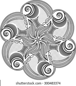 Round asymmetrical decorative element in mono line style- lace mandala, zentangle decor. Stylized vector flower for design or tattoo. 