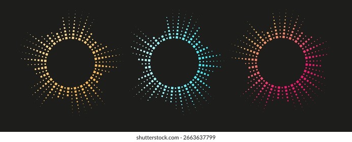 Round audio spectrum with dotted waveform bars in bright neon tones. Perfect for music, radar, or voice analysis concepts. Vector art.