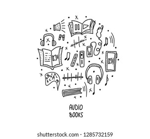 Round audiobooks concept. Set of audio book symbols with lettering. Vector black and white design illustration.