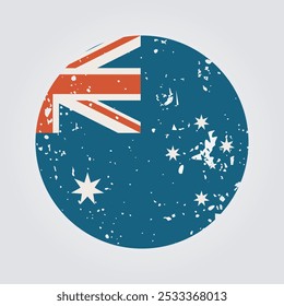 Un icono de la bandera de Australia redonda en colores retro y angustiados con una textura grunge. Efecto envejecido y desgastado ideal para la política de herencia australiana o temas históricos.