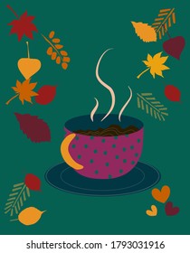 Round authentic cup with dotted pattern full of tea,cacao or coffee. There is steam from a mug with hot drink.Cozy mood with autumn leaf fall. Warm atmosphere vector illustration in doodle style