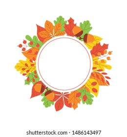 Round autumn banner with colorful leaves, acorn and berries with empty copy space.
