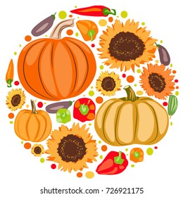 Round autumn composition of vegetables, flowers and leaves. Vector color isolated image on white background.