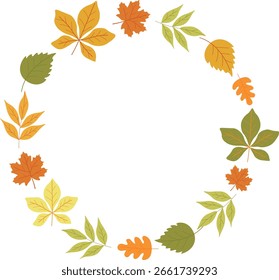 Marco redondo del otoño con las hojas coloridas diferentes en el fondo transparente.