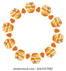 Marco de otoño redondo con mermelada de calabaza y hojas. Conveniente para la decoración, impresión, menú