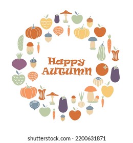 Round autumn frame with vegetables, mushrooms and nuts. vector illustration