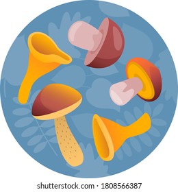 Round autumn icon with a set of different edible mushrooms laying on leaves. Flat colorful gradient illustration. Seasonal food.