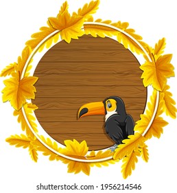 Round autumn leaves banner template with a toucan cartoon character illustration