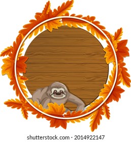 Round autumn leaves banner template with a sloth cartoon character illustration