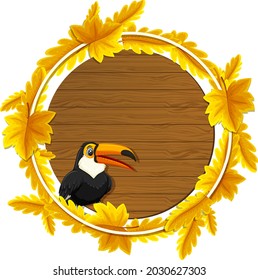 Round autumn leaves banner template with a toucan cartoon character illustration