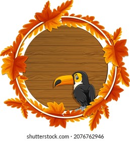 Round autumn leaves banner template with a toucan cartoon character illustration