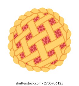 Round autumn pie with lattice crust and berry filling. Cozy homemade dessert for fall, thanksgiving and bakery themed design. Simple illustration. Flat vector. Hand drawn. Isolated background.
