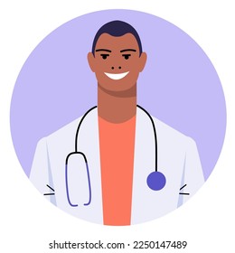 Round avatar of a black doctor with a stethoscope. Portrait of a smiling medical worker. Doctor icon in flat style isolated on white background. Vector illustration.