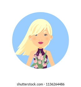 a round avatar: a female character / a portrait of a pretty young girl/woman; casual dress/look; cartoon style, childish, doll look; vector illustration, isolated, on blue background