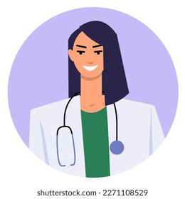 Round avatar of a female doctor. Young woman in a white coat with a stethoscope. Portrait of a female therapist. Medical worker avatar. Flat vector characters.