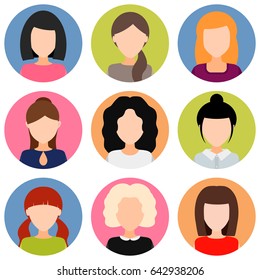 round avatar girls with different hairstyles without a face. photos of young women. vector illustration. 