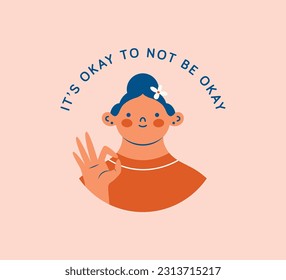 Round avatar, icon, logo template. Portrait of young woman with text "It's okay to not be okay". Trendy modern clip art. Cartoon, minimal, abstract contemporary style. Mental health support concept.