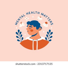 Rundavatar, Symbol, Logo-Vorlage. Portrait des jungen Mannes mit dem Text "Mental Health Matters". Moderne Clipkunst, minimaler, abstrakter zeitgenössischer Stil. Konzept zur Unterstützung der psychischen Gesundheit.