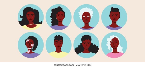 Avatares redondos com diversas pessoas africanas do BIPOC, ilustração de estoque de vetor plano premium com pessoas afro com idade diferente, gênero, grupo étnico