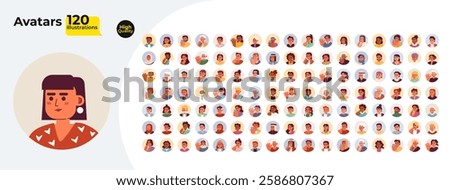 Round avatars cartoon flat illustrations mega bundle. Users of different age and ethnicity 2D images isolated on white. Web page and online chat profiles collection vector drawings colorful