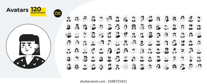 Round avatars cartoon outline illustrations mega bundle. Users of different age and ethnicity 2D linear images isolated. Web page and online chat profiles collection black and white vector drawings
