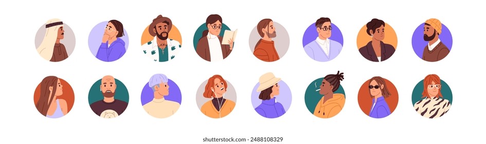 Round avatars of diverse people set. Different men and women heads in circle frame for user profile. Various stylish male and female portraits. Flat isolated vector illustrations on white background