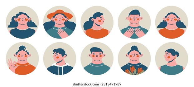 Round avatars, icons, logo templates. Portraits of diverse young people. Trendy modern arts. Cartoon, minimal, abstract contemporary style. Cute funny characters. Hand drawn vector clip arts