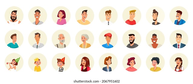 Avatares redondos con caras de ilustraciones vectoriales de personas. Retratos de historietas de caricaturas de usuarios de medios sociales, hombre joven o anciano feliz y mujer con diferente peinado en colección aislado en blanco