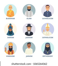 Round avatars set with pictures of religion leaders. Religion sikhism and judaism, buddhism and orthodoxy. Vecto illustration