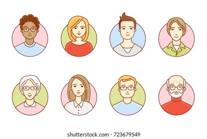 Round avatars of women and men. Young and old people. Different nations and races. Vector linear illustration