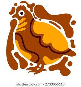 round avian creature with orange wings surrounded by liquid splash background elements