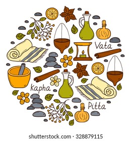 Antecedentes redondos ayurvédicos dibujados a mano: hierbas, piedras, aceite, especias, aromaterapia, toallas. Concepto de sanidad y tratamiento para su diseño