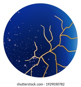 Round background of blue color with stone texture and dots with golden crack, kintsugi, stock vector illustration for design and decor, banner