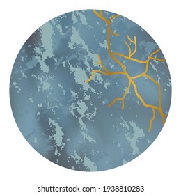 Round background of blue color with stone texture and dots with golden crack, kintsugi, stock vector illustration for design and decor, banner