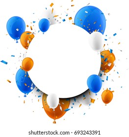 Fondo redondo con globos azules y anaranjados y confeti. Ilustración vectorial.
