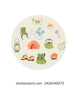 Round background of camp equipment. Vector illustration of backpack, kettle, tent. hiking boots, rope, fire. 